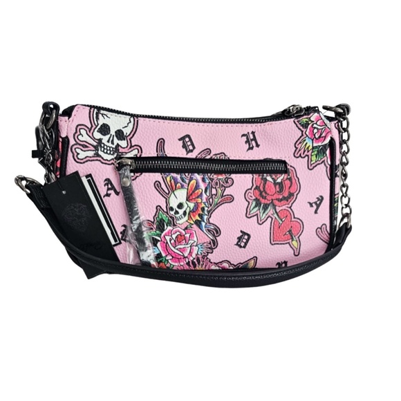 Ed Hardy Vegan Leather Shoulder Bag Pink Floral Skull Hearts Tattoo NEW Y2K - Picture 3 of 5